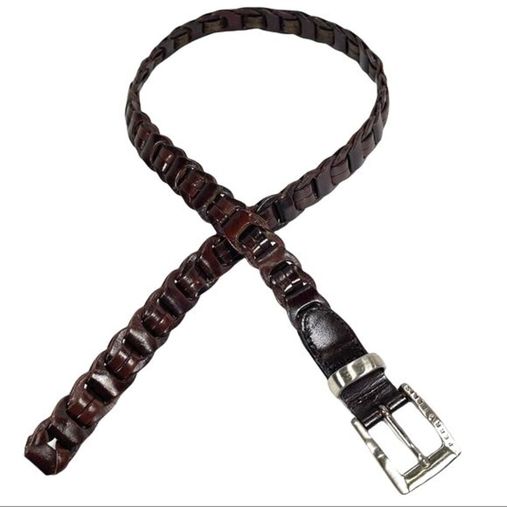 Perry Ellis Leather Woven Link Belt Brown Silver Buckle Embossed Logo Women M